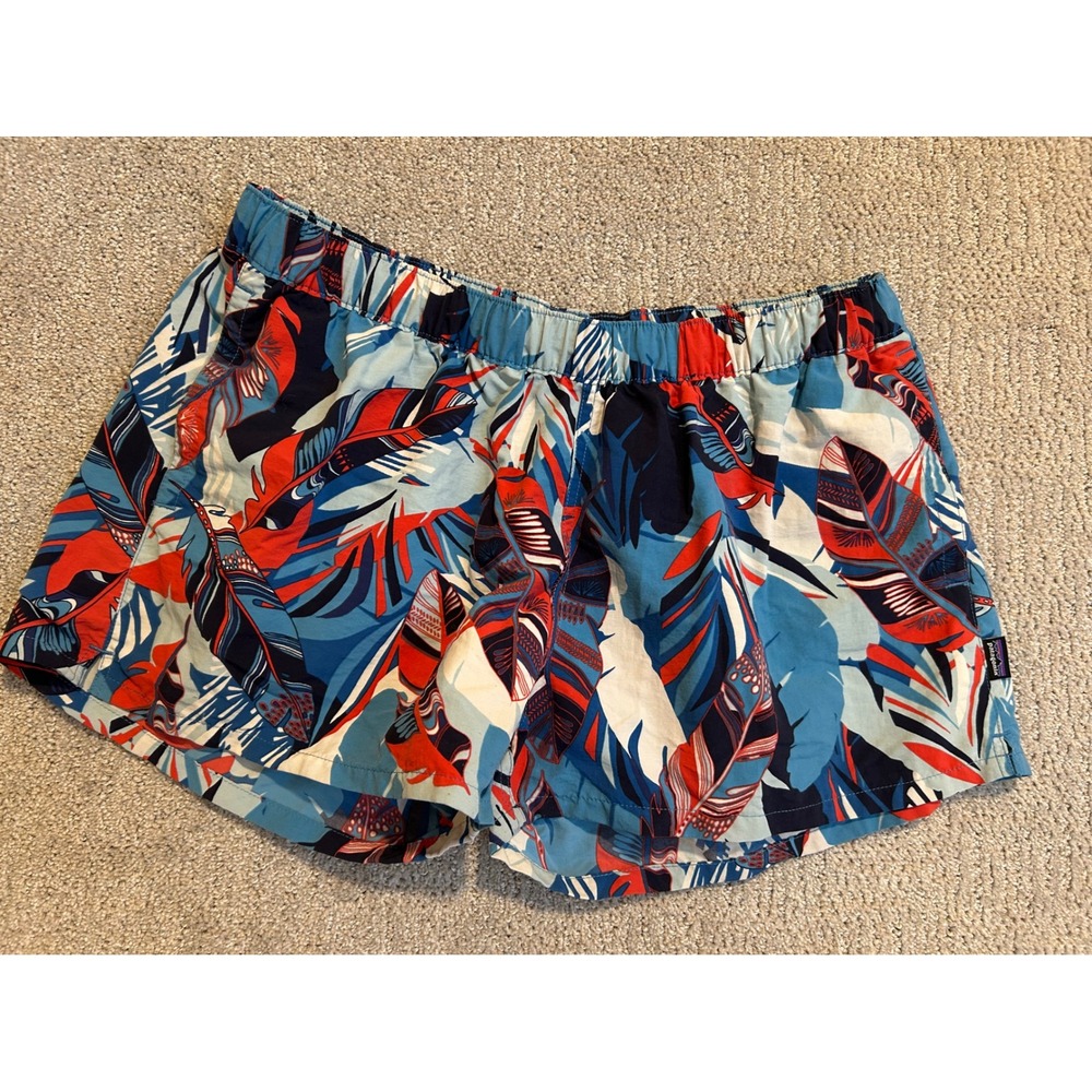 Patagonia Baggies Shorts Womens XL Blue Red Feather Tropical Print 2.5 Inseam